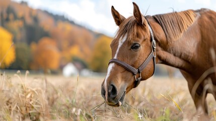 Obraz premium A brown horse is seen grazing on grass in a serene field with vibrant autumn colors in the background, highlighting the beauty of the season and the tranquility of nature.
