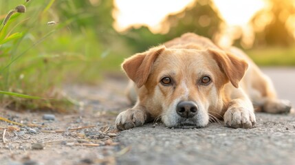 This lovely image shows a dog resting placidly on a country road during sunset, with golden hues casting a warm and tranquil glow over the serene rural landscape.