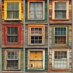 Obraz premium Variety of Old House Windows on Wooden Background