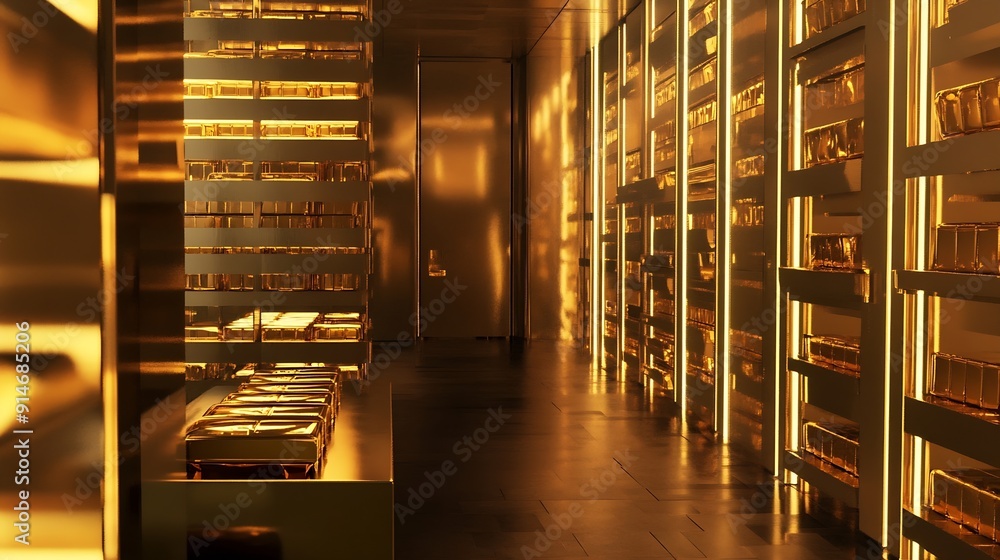 Aufkleber Gold in vault or gold in room with gold bars stock of gold image background high quality and high resolution rendered image : Generative AI