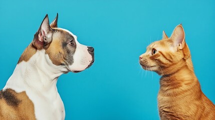 Banner two pets Profile attentive American Staffordshire dog and ginger cat looking away Isolated...