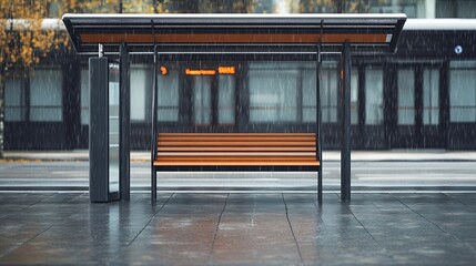 An unoccupied bus stop featuring a wooden and metal bench A concept related to transportation on a rainy day following precipitation : Generative AI