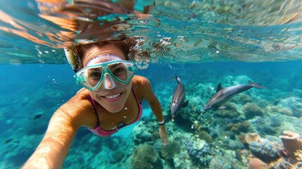 Naklejka premium A woman snorkeling underwater, showing a wide smile, swims near two dolphins over a beautiful coral reef, capturing the essence of marine adventure and joy.