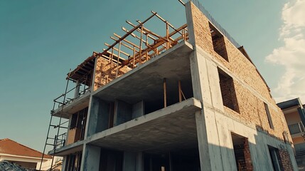 Obraz premium Under construction House or Villas Villas with Concreate Block or bricks Exterior view of 02 story under construction house with modern design under construction Home or house : Generative AI