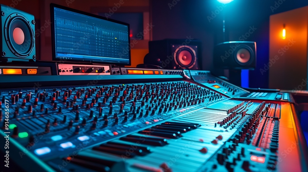 Poster empty studio at home equipped with mixing soundboard panel and other musical instruments music indus