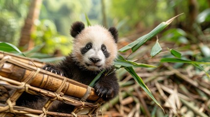 A charming panda cub sits in a woven basket within a bamboo forest, chewing on bamboo leaves, and surrounded by lush greenery and natural forest elements.