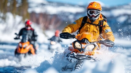 Three snowmobile riders wearing bright orange gear race through a snowy landscape, kicking up snow and displaying speed, action, and adventure against a white wilderness backdrop.