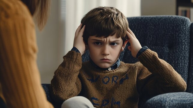 Sad child at session in psychologists office Specialist trying to understand depressed upset little school student boy support him and help cope with problems and troubles Mental healt : Generative AI