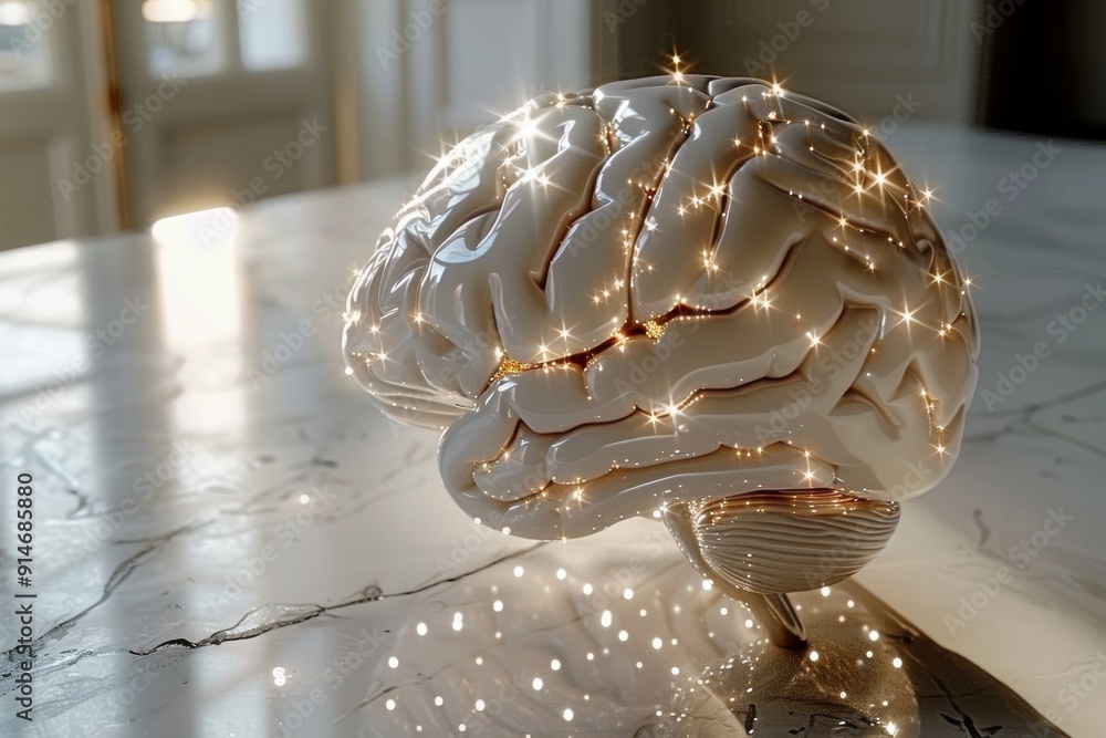 Poster futuristic glowing brain model on a marble surface representing cutting edge neural research and tec