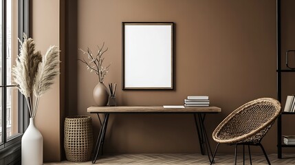 Aesthetic composition of living room interior with mock up poster frame wooden desk rattan chair black rack vase with branch books brown wall and office accessories Home decor Template : Generative AI