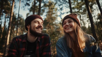 Fototapeta premium Portrait happy young couple friends in woods : Generative AI