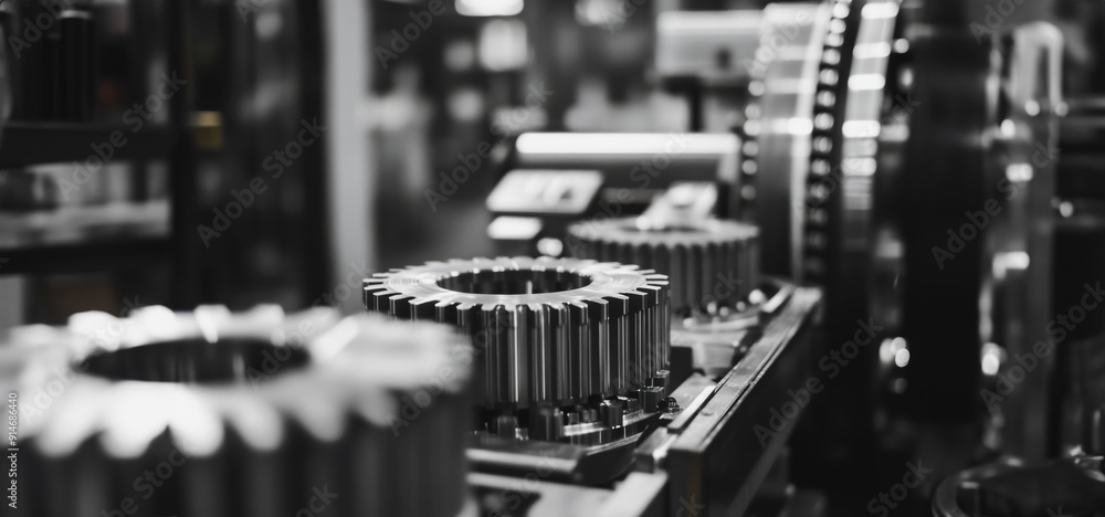 Poster close-up view of precision engine components in an industrial workshop setting