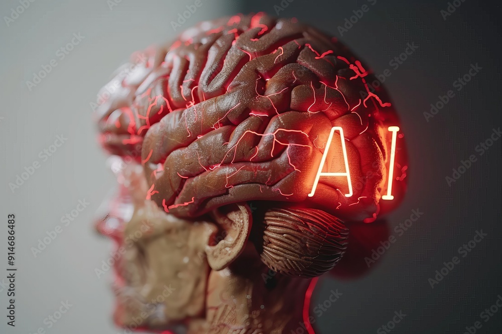 Poster brain with glowing ai letters symbolizing the intersection of human cognition and artificial intelli