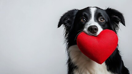 St Valentines Day concept Funny portrait cute puppy dog border collie holding red heart in mouth isolated on white background close up Lovely dog in love on valentines day gives gift : Generative AI