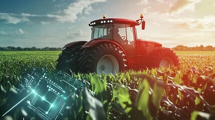 5G autonomous tractor working in corn field Future technology with smart agriculture farming concept : Generative AI