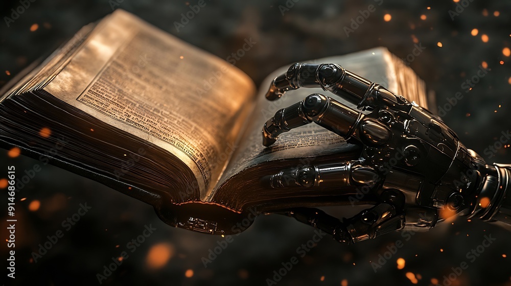 Aufkleber Real robots hand with ancient Bible book Concepts of artificial intelligence development and machine learning : Generative AI