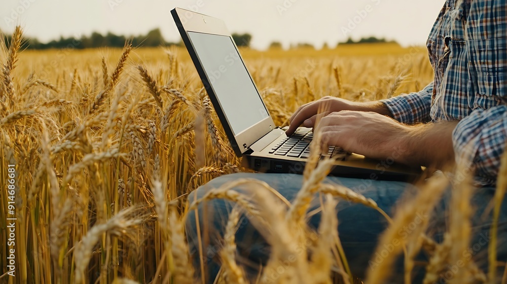 Fototapete a farmer using laptop for smart farmingman agronomist farmer with laptop computer in wheat field usi