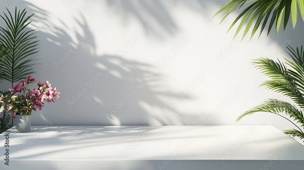 Poster White table and abstract geometric wall background with flowers and palm leaves shadows overlay Abstract gray studio background for product presentation 3d room with copy space Summer  : Generative AI