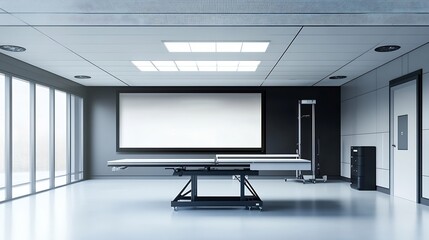 Fototapeta premium Interior of modern empty office buildingOpen ceiling designEquipped with automatic lifting table and LCD screen : Generative AI