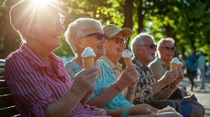 Naklejka premium A group of old senior people pensioners on a park bench enjoying an ice cream and having fun in the sunshine while on vacation in the sun shine in the summer : Generative AI
