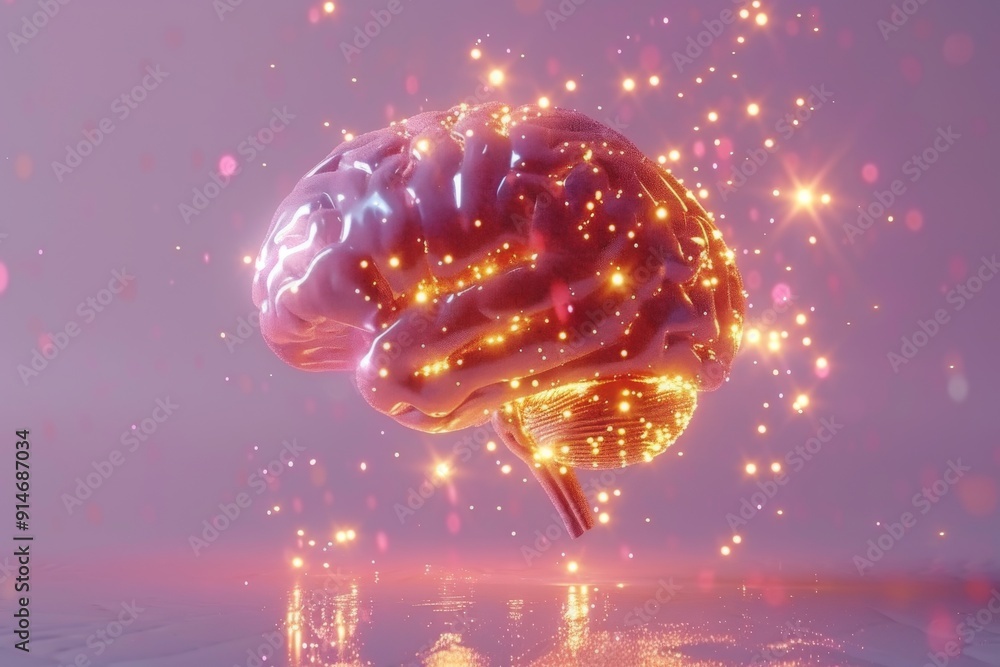 Poster glowing brain model on a reflective surface capturing the fusion of technology and cognitive process