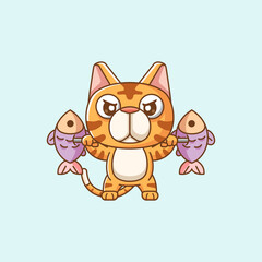 Cute cat lifting fish barbel food kawaii chibi character mascot illustration outline style design