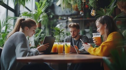 group of young people freelancer digital nomads sitting in cafe with tablet and laptop and cell phones while drinking juicy juices : Generative AI