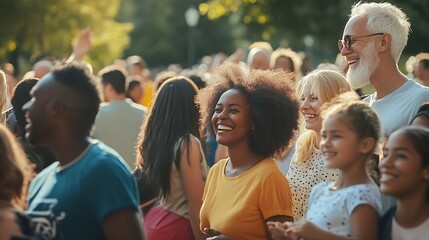 Crowd of multiracial people having fun together at city park  Social gathering and community concept : Generative AI