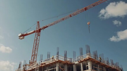A crane and a building under construction against a blue sky background Builders work on large construction sites and there are many cranes working in the field of new construction : Generative AI