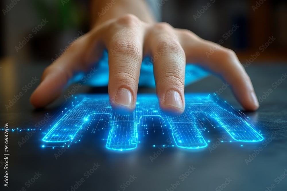 Poster close up of a hand interacting with a glowing digital keypad symbolizing the tactile interaction wit