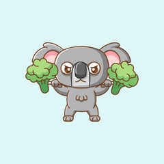 Cute koala lifting vegetable barbel food kawaii chibi character mascot illustration outline style design