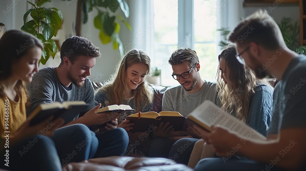 Wall mural a group of christian friends are reading and study bible together in home or sunday school at church