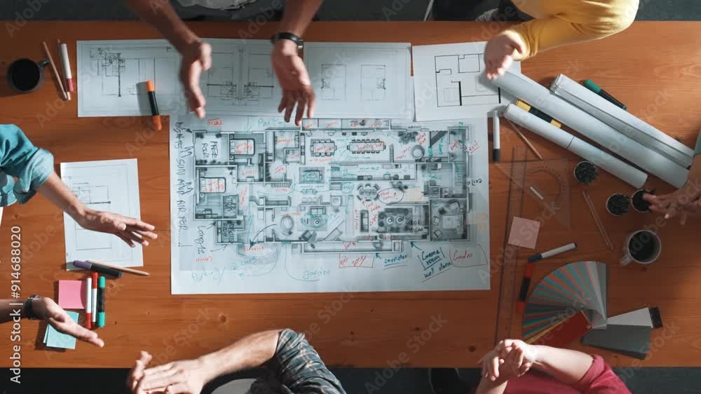 Poster top view of civil engineer team clapping hands while giving high five at meeting table with color pa