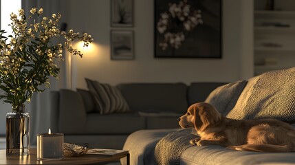 Cozy Living Room with Sleeping Dog on Comfortable Sofa