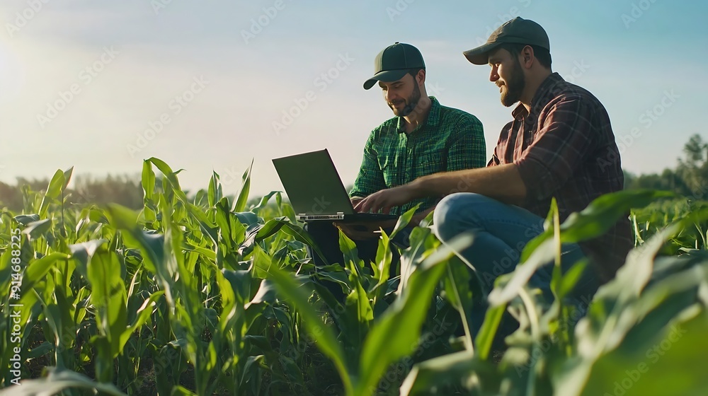 Aufkleber two smart farmers using laptop to examining quantity and quality crop of corn vegetables while worki