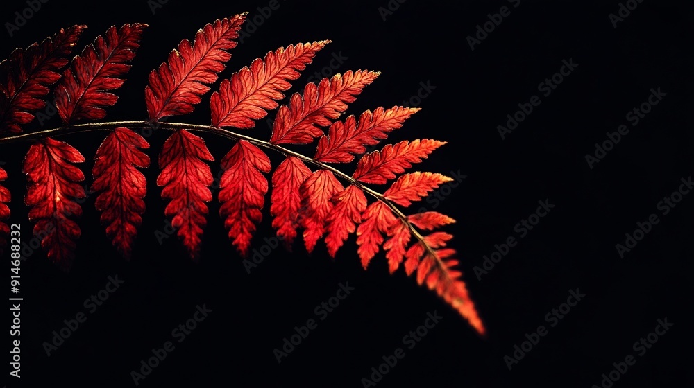 Aufkleber contemporary moody autumn fern close up view photo minimalist black background and vibrant red botan