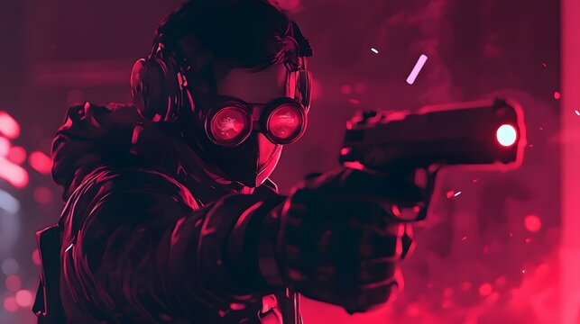 Futuristic Soldier Aiming Tactical Weapon in Moody Neon Lighting