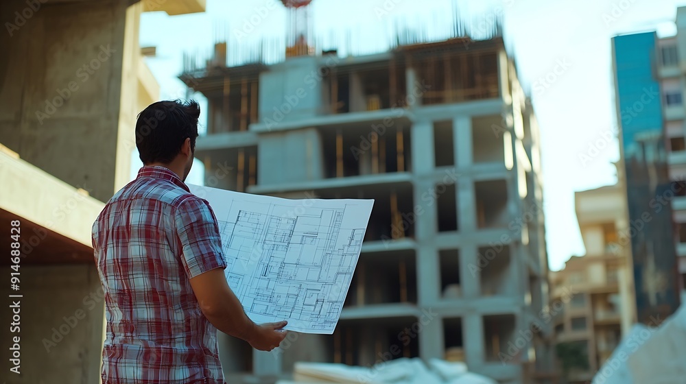 Poster Architect man checking about the building plan and see how the construction progressive at the construction site : Generative AI