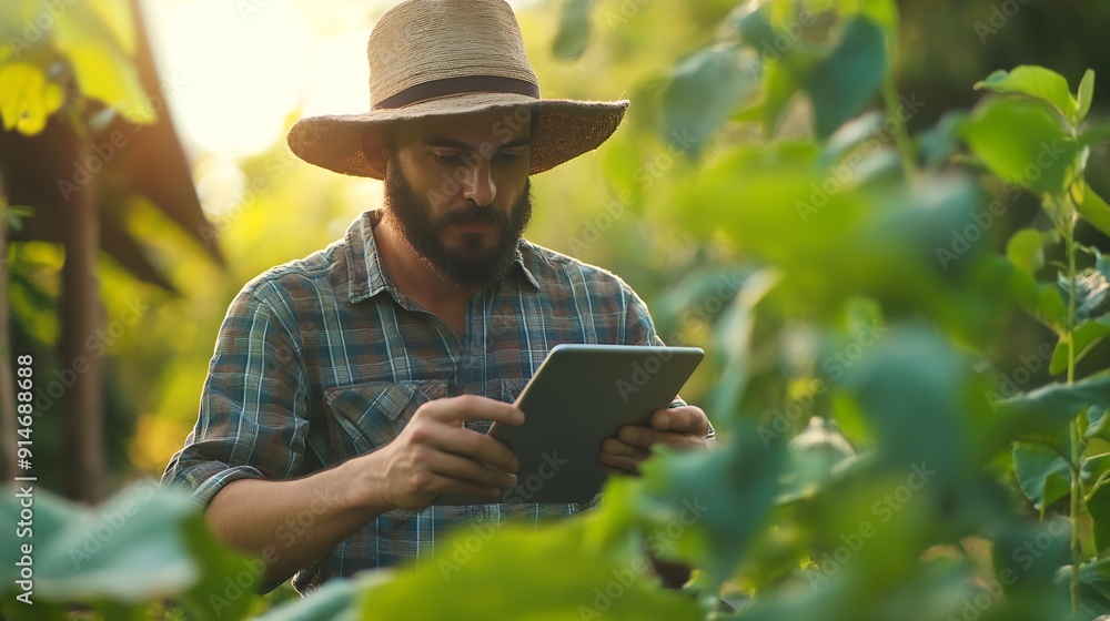 Poster Farmer Plantation checking quality by tablet agriculture modern technology Concept Smart farming using modern technologies in agriculture Man agronomist farmer with digital tablet comp : Generative AI