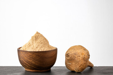 Maca powder, natural supplement derived from the root of Lepidium meyenii.