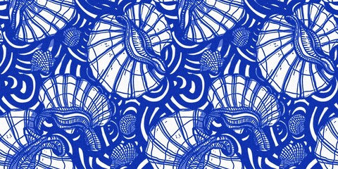 Azure blue white shell motif with linen seamless batik border background. Modern coastal beach cottage rustic shell block print home decor pattern, Sealife banner style 