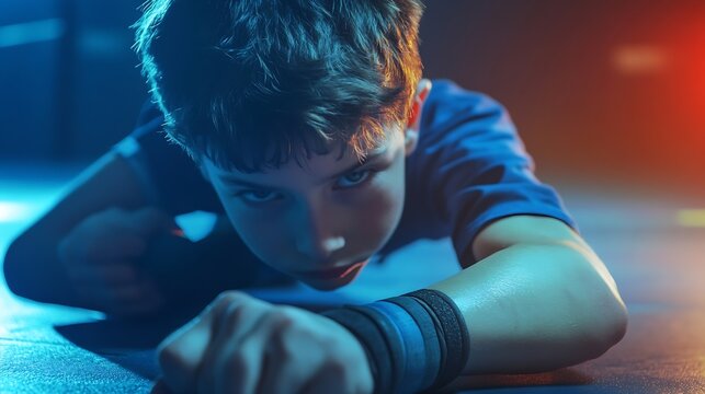 Diligent preteen student twisting his opponents arm on the floor during workout session : Generative AI