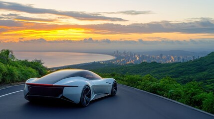 Naklejka premium Luxury Sports Car Driving on Scenic Road at Sunset