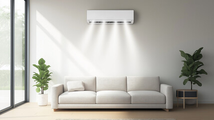 Fototapeta premium Modern Living Room with Efficient Air Conditioning System - Stylish Blue Sofa Interior Design