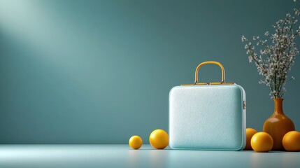 Elegant Blue Handbag with Oranges and Flowers on Blue Background