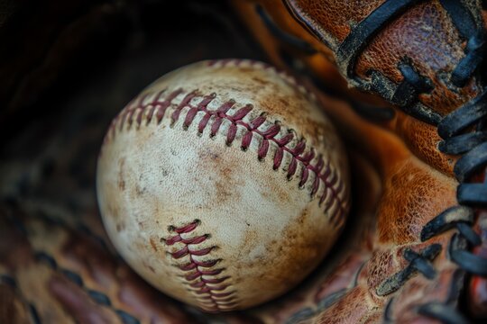 Closeup of a baseball glove and ball, illustrating the sport