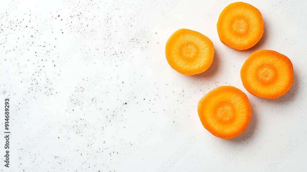 Poster fresh raw carrot slices isolated on white background top view : generative ai