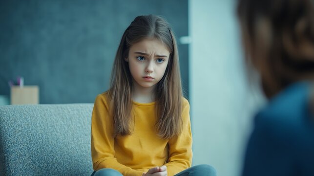 Kid at therapists office Child refusing to have conversation Sad depressed apathetic preeten or teenage girl turns away and ignores psychologist not ready to discuss her problems and e : Generative AI