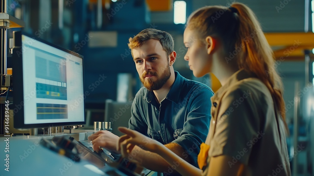 Poster factory apprenticeship man mentor teaching female employees trainee operating machine looking monito