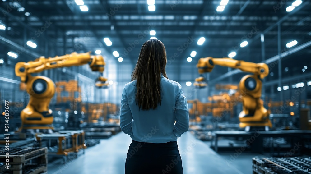 Leinwandbilder female project manager standing in modern industrial factory manufacturing facility with robotics ro